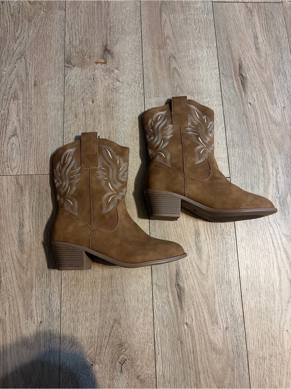 Western-Style Tan Ankle Booties with Embroidered Shaft